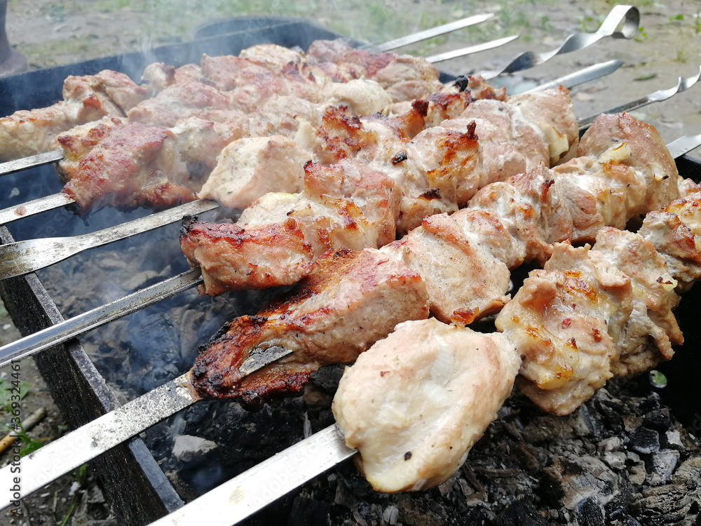 pork shish kebab on skewers is fried on coals in the grill. Picnic, unhealthy food pork shish kebab on skewers is fried on coals in the grill. Picnic, unhealthy food