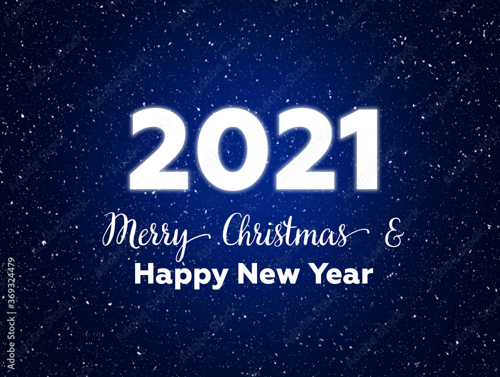 Merry Christmas and Happy New Year 2021 greeting card. White glowing text on a snowy blue gradient background