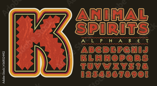 An Ornate Vector Alphabet with Tribal Native American, Southwestern, or Latin American Decorative Qualities. This Capital Letter and Number Font has a Primitive Spirit Animal Feel.
