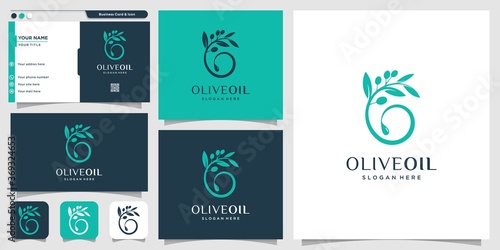 Olive oil logo with new concept and business card design template, brand, oil, beauty, green, icon, health, premium vector