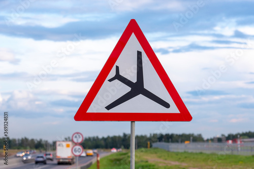 Road airplane traffic sign, attention sign with plane