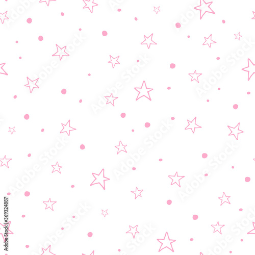 Cute seamless pattern with pink stars and circles. Vector illustration with simple minimalistic pattern. Design for baby textile  kids room  wrapping paper  background  fabric.