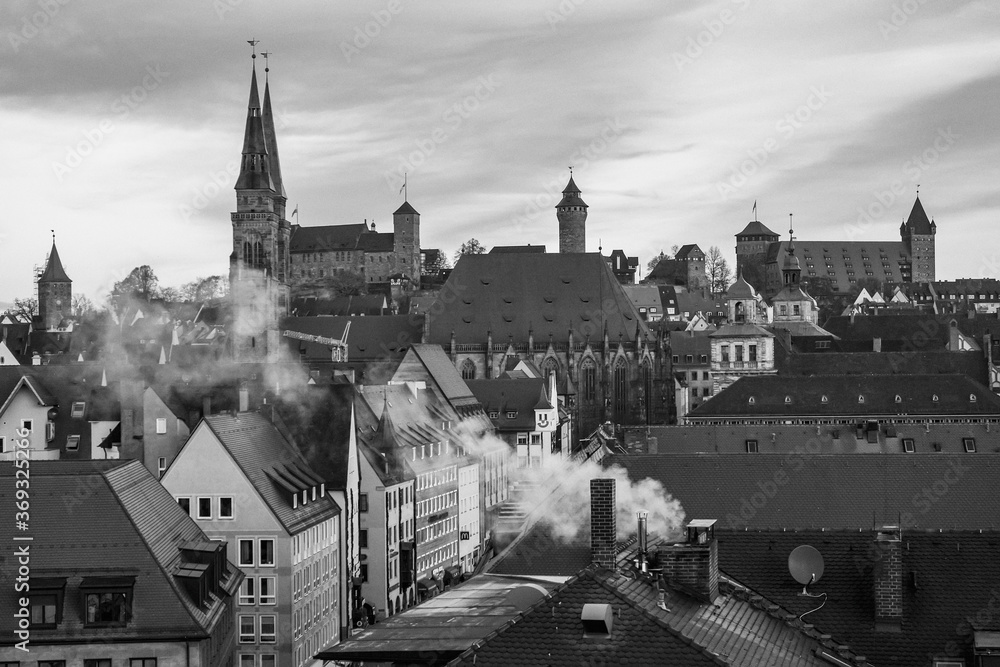 View at historical center of old German city Nuremberg and Nuremberg castle, Franconia, Bavaria, Nuremberg, Germany.