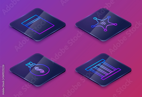 Set Isometric line Plastic bag with ziplock, Money bag, Hexagram sheriff and Prison window. Blue square button. Vector.