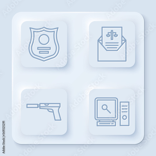 Set line Police badge, Subpoena, Pistol or gun with silencer and Search on computer screen. White square button. Vector.