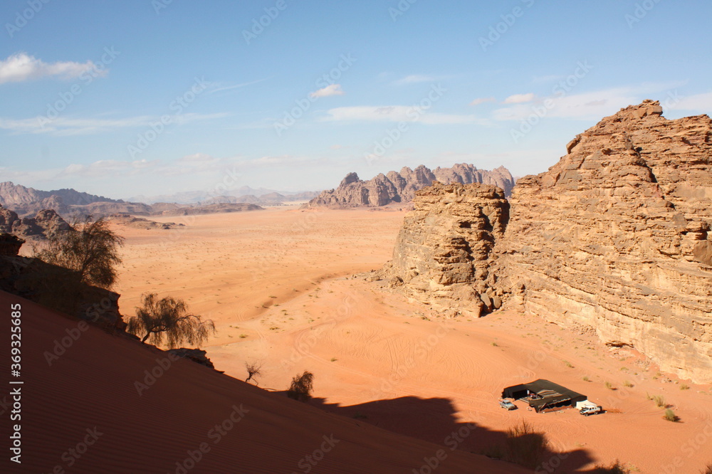 Deserted landscape View of the Wadi Rum desert, rocks mountain and dunes, Jordan