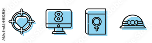 Set line Book about women, Heart in the center of target aim, 8 March on monitore and Elegant women hat icon. Vector.