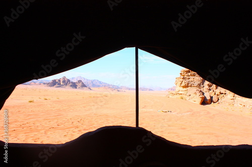 Deserted landscape View of the Wadi Rum desert from a tent, Jordan