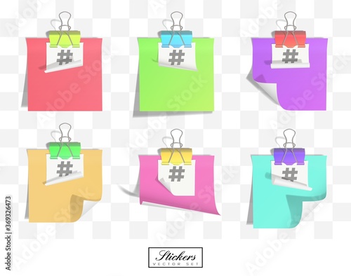 Stickers linked by binder clip isolated on transparent background.