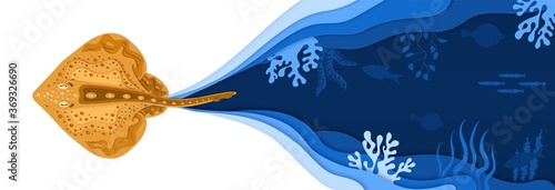 Paper cut underwater world vector illustration. Fototapete