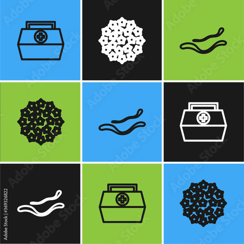 Set line First aid kit, Ebola virus disease and Virus icon. Vector.