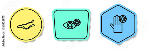 Set line Ebola virus disease, Reddish eye due to and Hand with. Colored shapes. Vector.