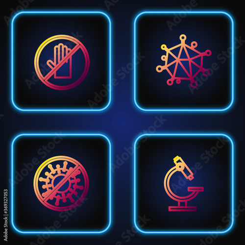 Set line Microscope, Stop virus, No handshake and Virus. Gradient color icons. Vector.