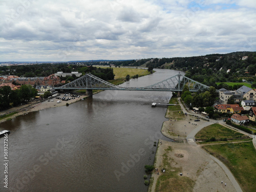 Aerial view of Loschwitz Bridge (blue wonder), a cantilever truss bridge over the river Elbe which connects the city districts Loschwitz and Blasewitz in Dresden, Saxony, Germany.