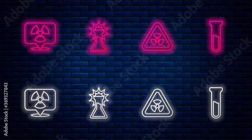 Set line Test tube and flask, Triangle with radiation, Radioactive in location and . Glowing neon icon on brick wall. Vector.