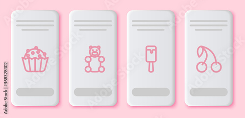 Set line Cupcake, Jelly bear candy, Ice cream and Cherry. White rectangle button. Vector.