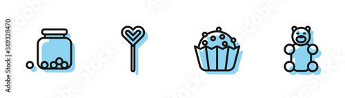 Set line Cupcake, Glass jar with candies inside, Lollipop and Jelly bear candy icon. Vector.