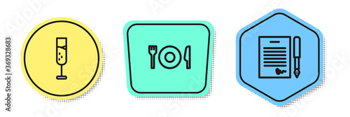 Set line Glass of champagne, Plate, fork and knife and Marriage contract. Colored shapes. Vector.