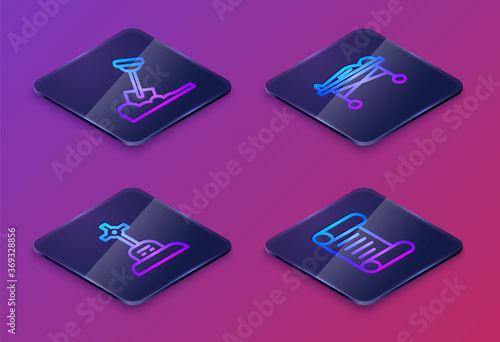 Set Isometric line Shovel in the ground, Grave with cross, Dead body morgue and Decree, parchment, scroll. Blue square button. Vector.