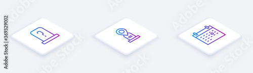 Set Isometric line Grave with tombstone, Location grave and Calendar death. White square button. Vector.