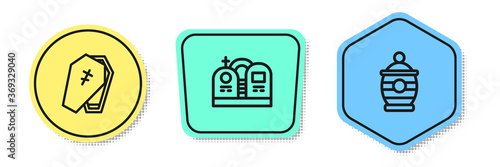 Set line Coffin with cross, Grave tombstone and Funeral urn. Colored shapes. Vector.