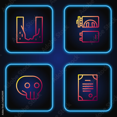 Set line Death certificate, Skull, Cemetery digged grave hole and Crematorium. Gradient color icons. Vector.