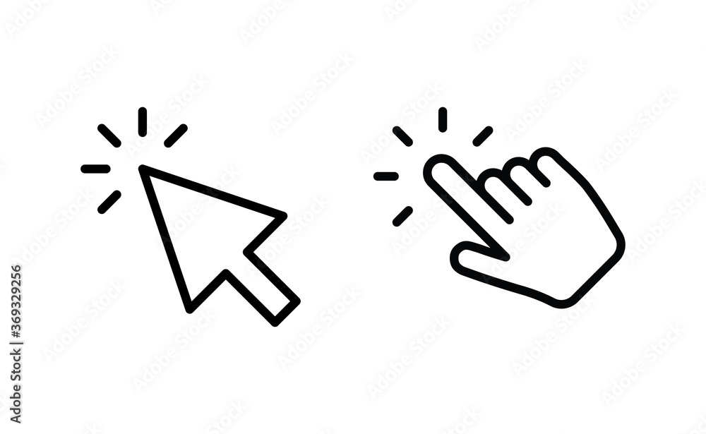 Hand and arrow clicking pointers. Click icons. Hand and arrow clicking pointers. Click icons.