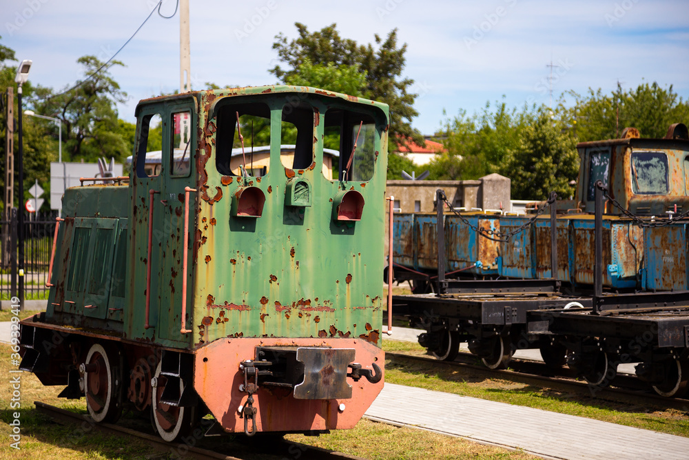 Fototapeta premium General view for old, vintage train station with diesel locomotive.