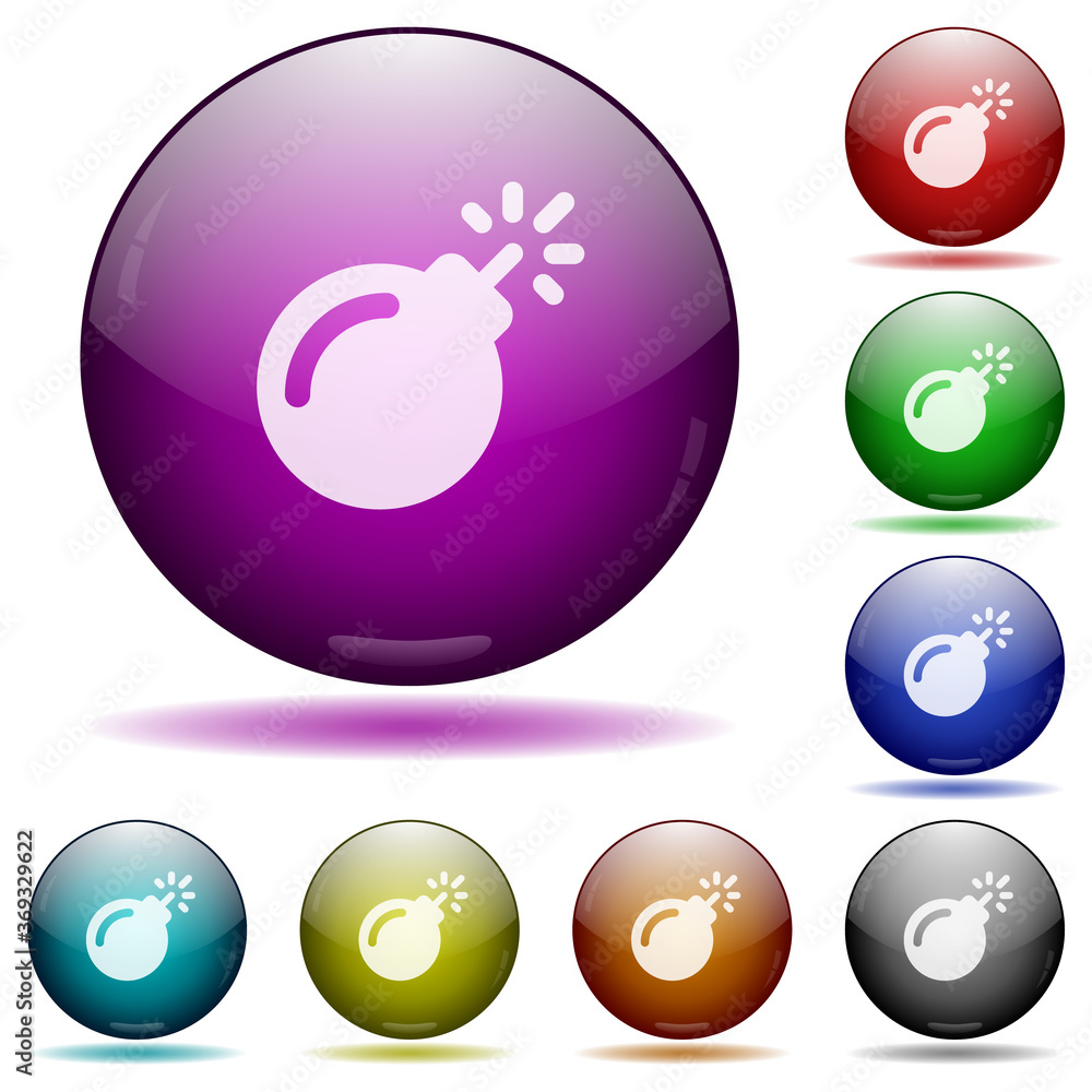Bomb with sparkling fuse icon in glass sphere buttons Bomb with sparkling fuse icon in glass sphere buttons