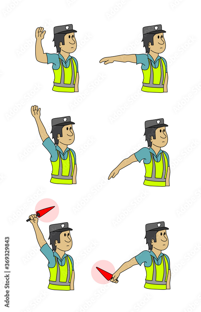 Isolated cute traffic agent directing traffic, vehicles, making signs with his arms. Different positions, poses. Cartoon style vector illustration. Isolated cute traffic agent directing traffic, vehicles, making signs with his arms. Different positions, poses. Cartoon style vector illustration.