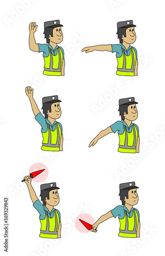 Isolated cute traffic agent directing traffic, vehicles, making signs with his arms. Different positions, poses. Cartoon style vector illustration.