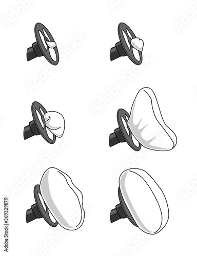 Car, vehicle airbag opening process. Steering wheel. Cartoon style vector illustration isolated on white.