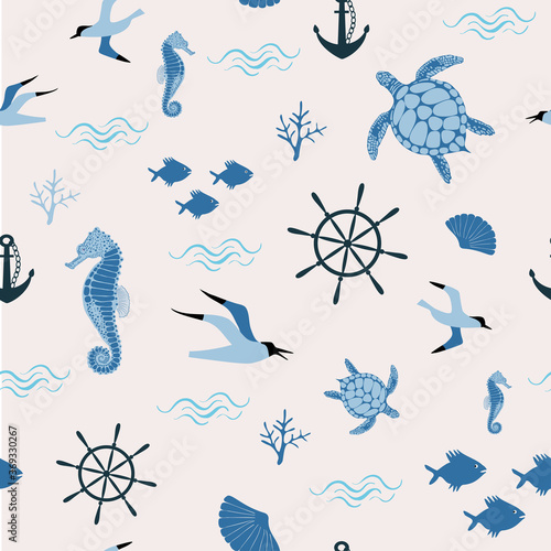 Seamless vector pattern with sea elements - seagall, fish, seahorse, steering wheel, shell, anchor
