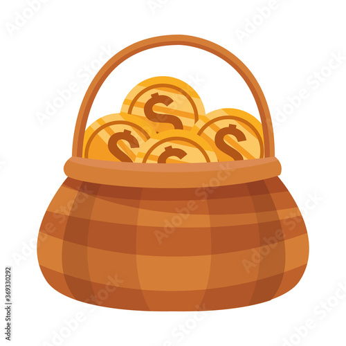 basket straw with coins money dollars