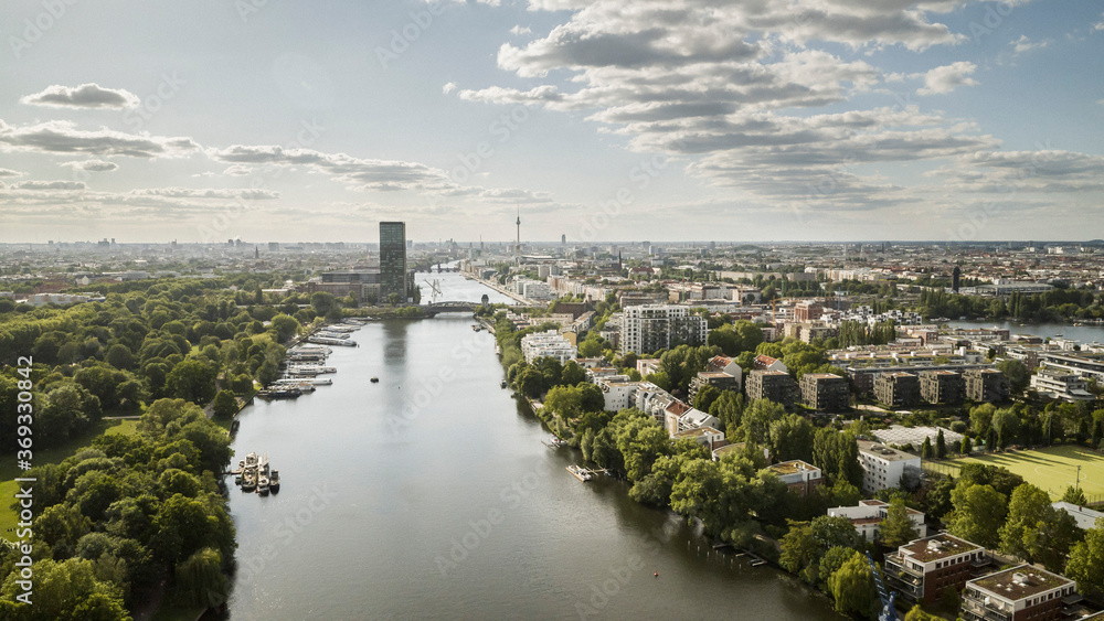 Sunny, scenic view Berlin cityscape and Spree River, Germany