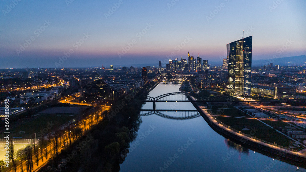 Frankfurt Osthafenbruecke bridge and cityscape at night, Germany Frankfurt Osthafenbruecke bridge and cityscape at night, Germany