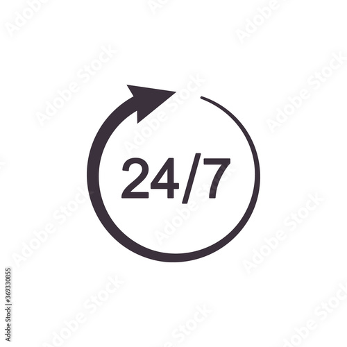 Open around the clock or 24 hours a day and 7 days a week icon or symbol isolated on white. Vector illustration