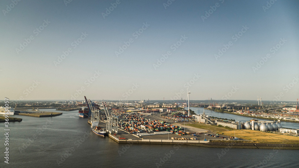 Sunny scenic view Port of Hamburg commercial docks, Germany Sunny scenic view Port of Hamburg commercial docks, Germany