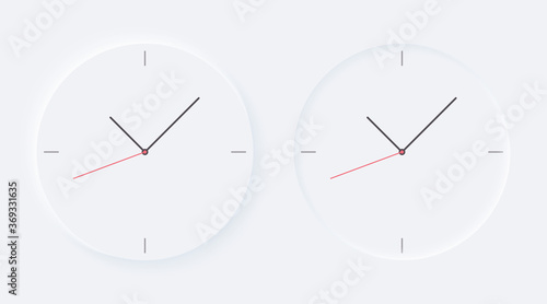 Bright white gradient buttons with  watch clock arows. Internet symbols on a background. Neumorphic effect soft icons. Shaped figure in trendy soft 3D style. Circle ellipse