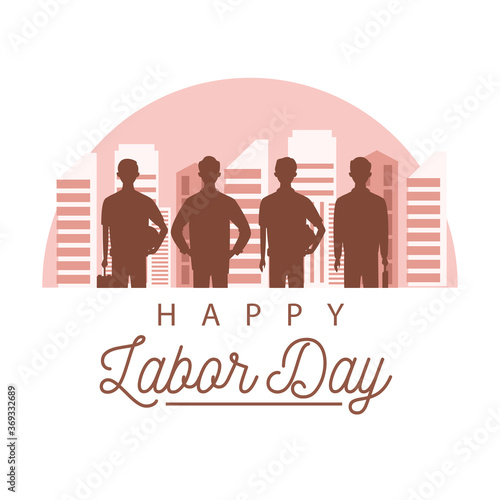 happy labor day celebration with workers silhouette on the city
