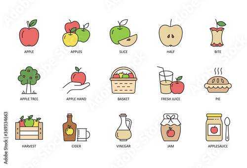 Vector apple icons. Multi color set with Editable stroke. Red yellow green apples cider basket bottle, pie slice vinegar fresh juice. Jam half apple tree harvest applesauce bite.
