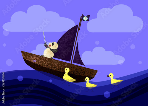 a cute little Panda on a boat floats forward on the waves with ducks next to it. Perfect for invitations, postcards, banners. EPS 10