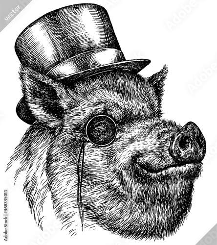 black and white engrave isolated pig vector illustration