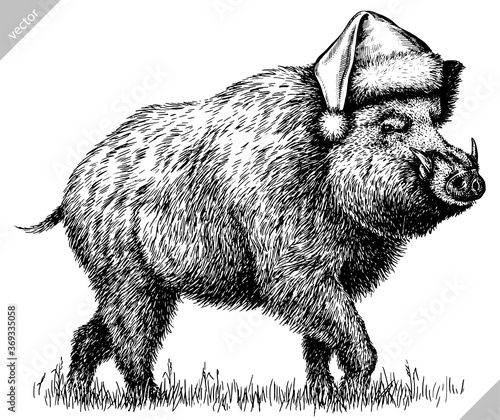 black and white engrave isolated pig vector illustration