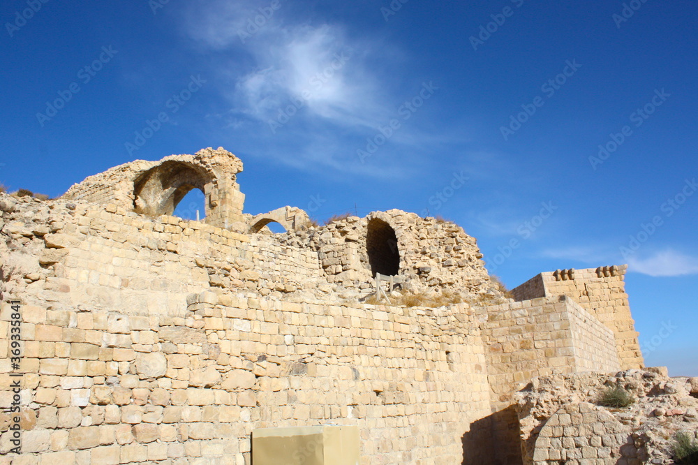 Rocks and ruins of the Fortress Castle in Kerek, Jordan