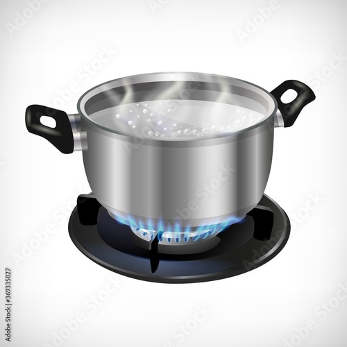 Stainless pot, boiling liquid and transparent steam on white background. Metal pan with handles, gas burner with blue flame. Vector illustration.