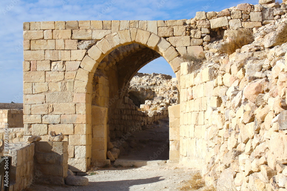 Rocks and ruins of the Fortress Castle in Kerek, Jordan