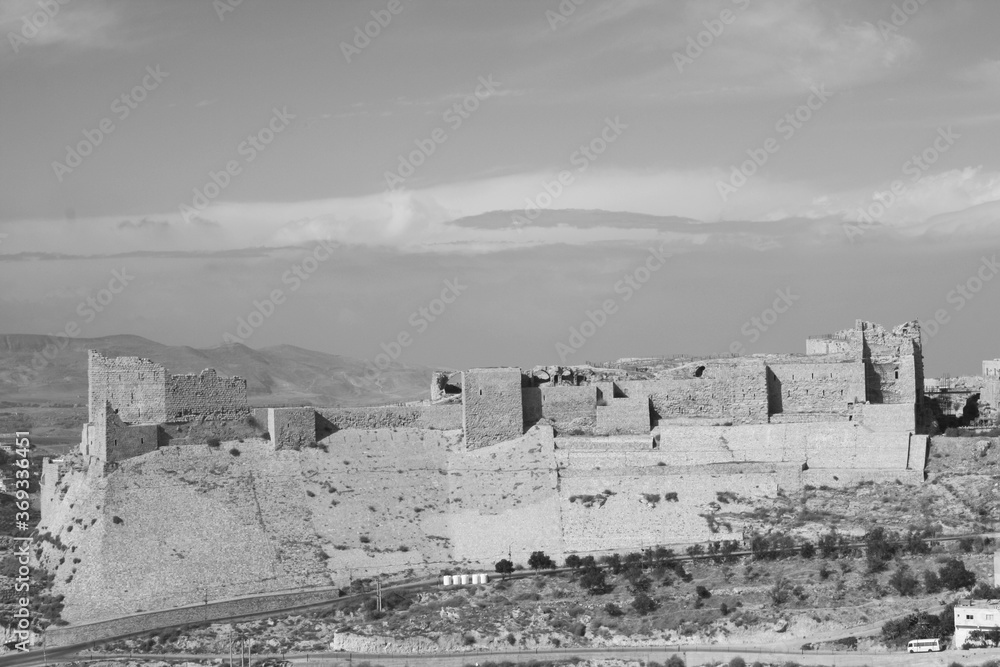 Fortress Castle in Kerek, Jordan, in black and white, monochrome. Fortress Castle in Kerek, Jordan, in black and white, monochrome.