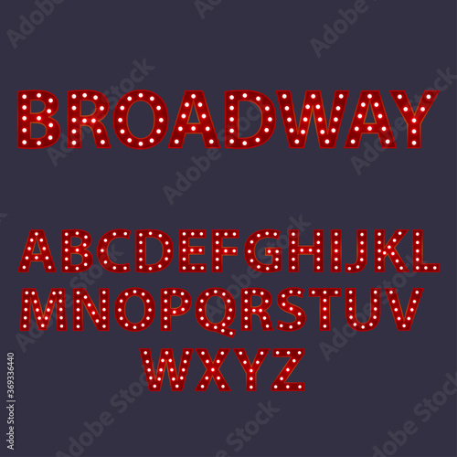 Broadway. Red letters with luminous glowing lightbulbs. Vector typography words design. Template type font for poster.