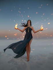 Beautiful woman sorceress holding fire in her hands. Art photo Fantasy model with flaming arms casts spell. Girl battle mage hides face. Desert twilight sparks are burning. dress flies in wind motion